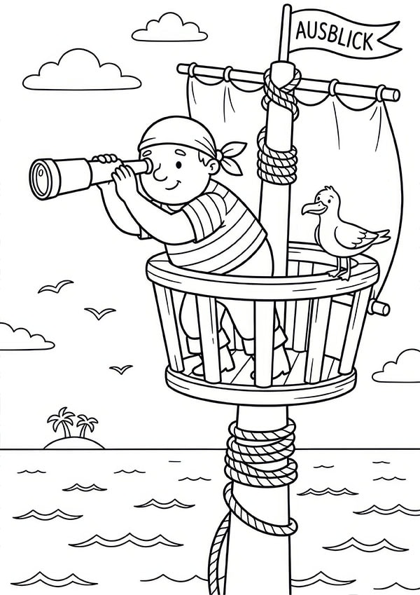 Kostenloses Ausmalbild aus „Mein Malbuch Piraten & Abenteuer“ mit Pirat im Ausguck und Fernrohr