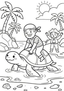 Mein Malbuch Piraten & Abenteuer Schildkröte Kostenloses Ausmalbild mit Pirat auf einer Meeresschildkröte, Palmen und Insel im Hintergrund