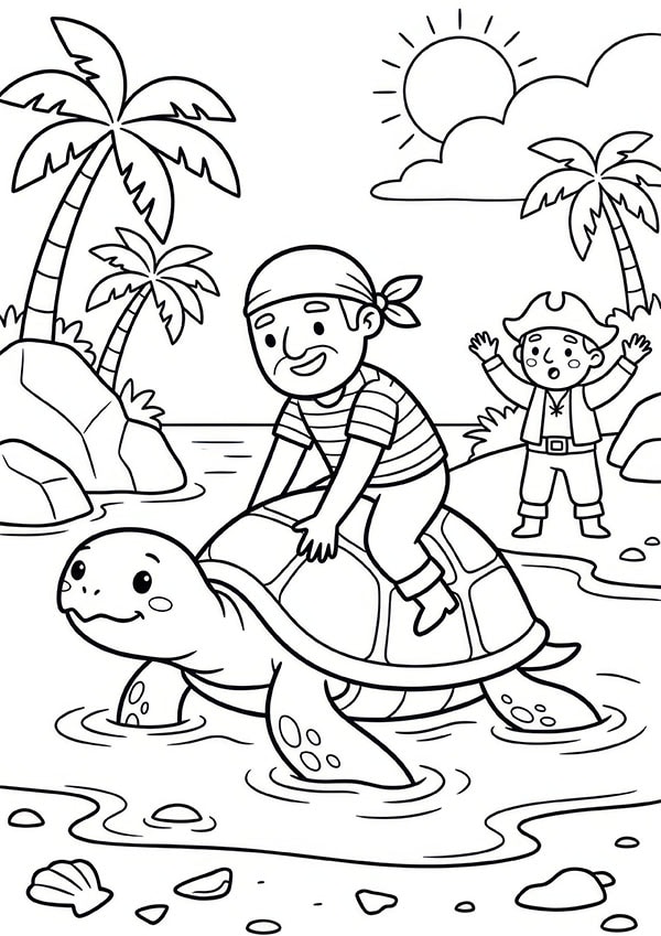 Kostenloses Ausmalbild mit Pirat auf einer Meeresschildkröte, Palmen und Insel im Hintergrund