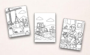 Drei Beispielseiten aus einem Baustellen-Malbuch mit Kran, Bagger und Handwerker als Ausmalbilder für Kinder