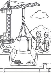 Kostenloses Ausmalbild mit Baukran, großem Betonring, Bauarbeitern, Baugrube, Rohren und Werkzeugen auf der Baustelle