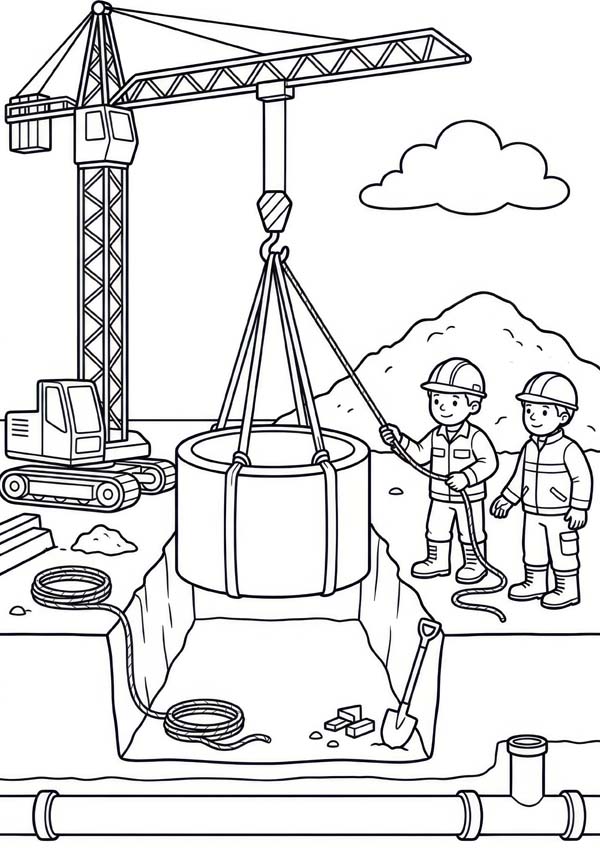 Kostenloses Ausmalbild mit Baukran, großem Betonring, Bauarbeitern, Baugrube, Rohren und Werkzeugen auf der Baustelle