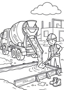 Kostenloses Ausmalbild mit Betonmischer, Bauarbeiter, frischem Beton, Holzrahmen und Gebäude im Hintergrund