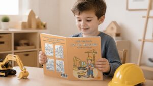 Junge schaut in das Buch Mein Malbuch Auf der Baustelle an einem Tisch mit Spielzeugbagger und Bauhelm