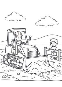 Kostenloses Ausmalbild mit Planierraupe, Bauarbeiter am Steuer, Sandhaufen, Zaun und zuschauendem Kind auf der Baustelle