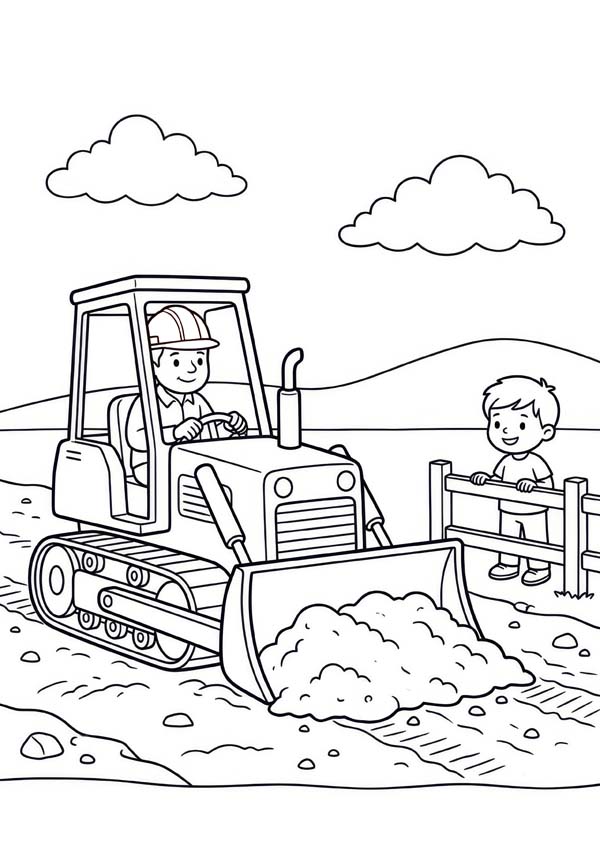 Kostenloses Ausmalbild mit Planierraupe, Bauarbeiter am Steuer, Sandhaufen, Zaun und zuschauendem Kind auf der Baustelle