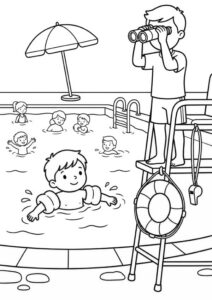 Kostenloses Ausmalbild mit Bademeister am Schwimmbecken, Kindern im Wasser, Rettungsring, Pfeife, Sonnenschirm und Schwimmbad im Hintergrund