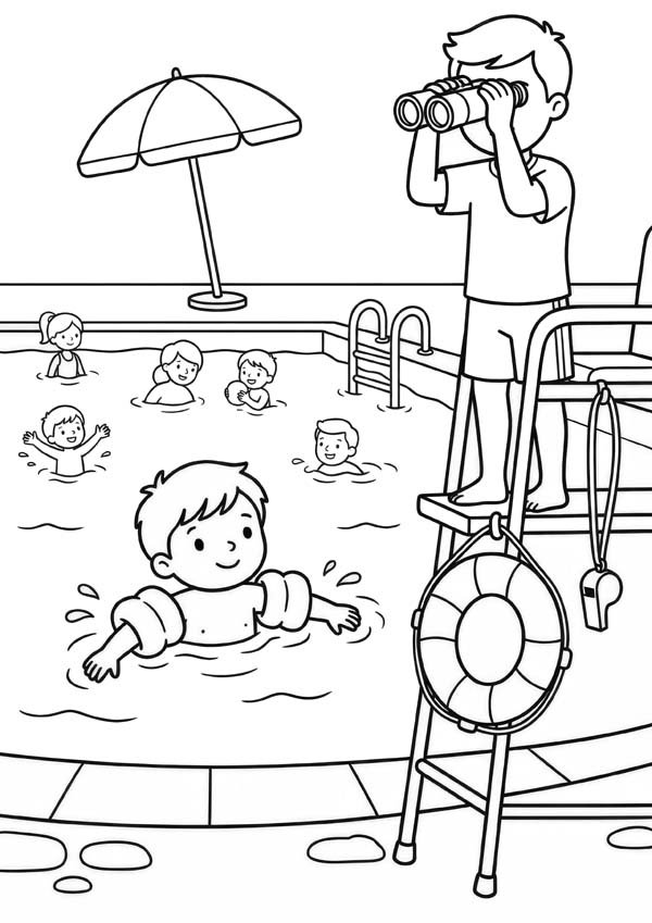 Kostenloses Ausmalbild mit Bademeister am Schwimmbecken, Kindern im Wasser, Rettungsring, Pfeife, Sonnenschirm und Schwimmbad im Hintergrund