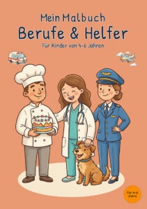 mein-malbuch-berufe-helfer-cover-kinder-4-6-jahre Cover des Buches Mein Malbuch Berufe & Helfer für Kinder von 4 bis 6 Jahren mit Koch, Tierärztin, Pilotin, Hund, Rettungswagen und Flugzeug