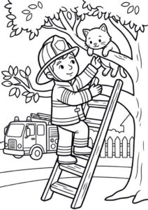 Kostenloses Ausmalbild mit Feuerwehrmann auf einer Leiter, Katze im Baum, Feuerwehrfahrzeug, Zaun und Haus im Hintergrund