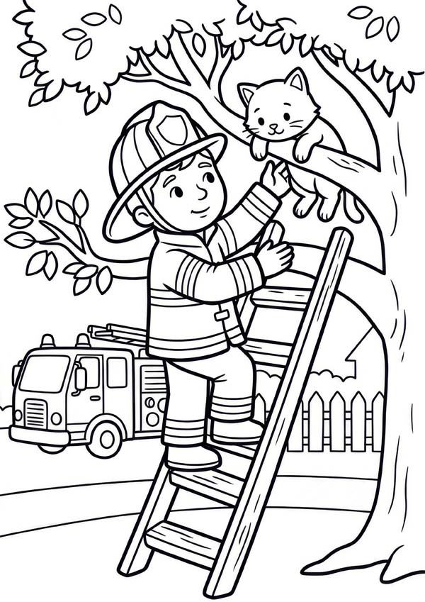 Kostenloses Ausmalbild mit Feuerwehrmann auf einer Leiter, Katze im Baum, Feuerwehrfahrzeug, Zaun und Haus im Hintergrund