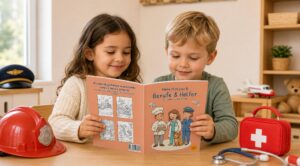 Zwei Kinder schauen gemeinsam in das Buch Mein Malbuch Berufe & Helfer an einem Tisch mit Feuerwehrhelm, Arztkoffer und Flugzeug