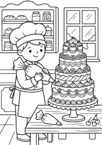 Kostenloses Ausmalbild mit Konditor beim Verzieren einer großen Torte, Spritzbeutel, Kirschen, Backregal und Fenster im Hintergrund