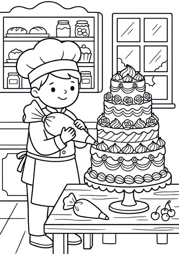Kostenloses Ausmalbild mit Konditor beim Verzieren einer großen Torte, Spritzbeutel, Kirschen, Backregal und Fenster im Hintergrund