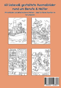 Rückseite von Mein Malbuch Berufe & Helfer mit vier Beispielbildern von Kapitän, Taucherin, Erzieherin und Archäologe
