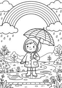 Kostenloses Ausmalbild mit Kind im Regenmantel unter einem Regenschirm, Regenbogen, Regentropfen, Pfützen, Blumen und Bäumen im Hintergrund