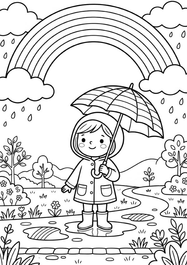 Kostenloses Ausmalbild mit Kind im Regenmantel unter einem Regenschirm, Regenbogen, Regentropfen, Pfützen, Blumen und Bäumen im Hintergrund