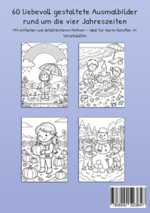 Rückseite von Mein Malbuch Die vier Jahreszeiten mit vier Beispielbildern zu Frühling, Sommer, Herbst und Winter