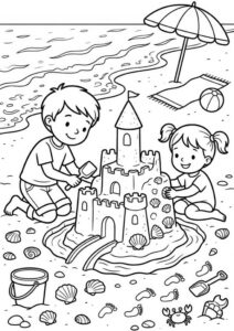 Kostenloses Ausmalbild mit zwei Kindern beim Bauen einer Sandburg am Strand, Muscheln, Krebs, Eimer, Schaufel, Sonnenschirm und Meer im Hintergrund