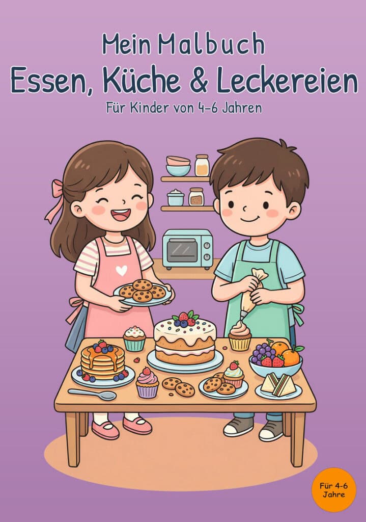 Cover des Buches Mein Malbuch Essen, Küche & Leckereien für Kinder von 4 bis 6 Jahren mit zwei Kindern, Kuchen, Muffins, Keksen und Obst