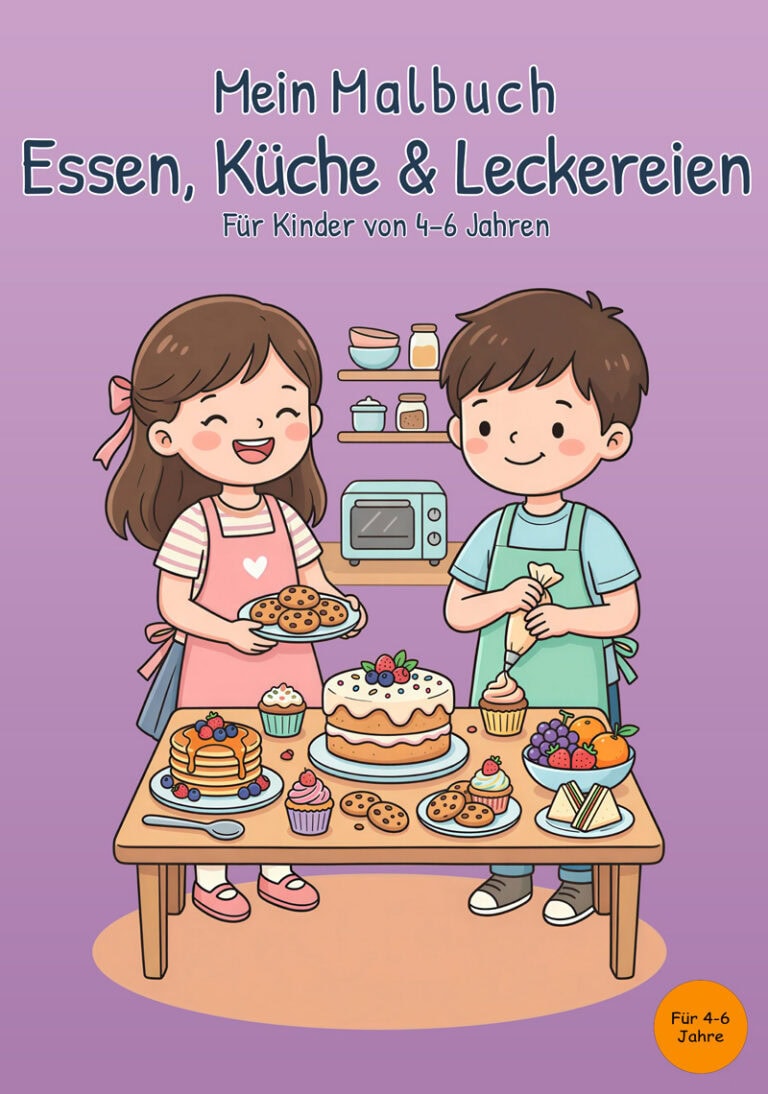 Cover des Buches Mein Malbuch Essen, Küche & Leckereien für Kinder von 4 bis 6 Jahren mit zwei Kindern, Kuchen, Muffins, Keksen und Obst