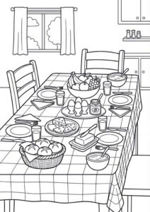 Kostenloses Ausmalbild mit gedecktem Frühstückstisch, Brötchen, Käse, Eiern, Obst, Marmelade, Butter, Getränken und Geschirr in der Küche