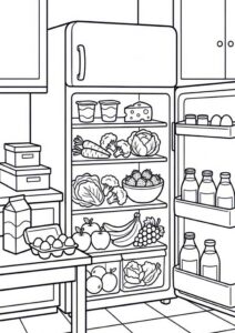 Kostenloses Ausmalbild mit offenem Kühlschrank voller Obst, Gemüse, Käse, Joghurt, Eiern, Milchflaschen und Vorräten in der Küche