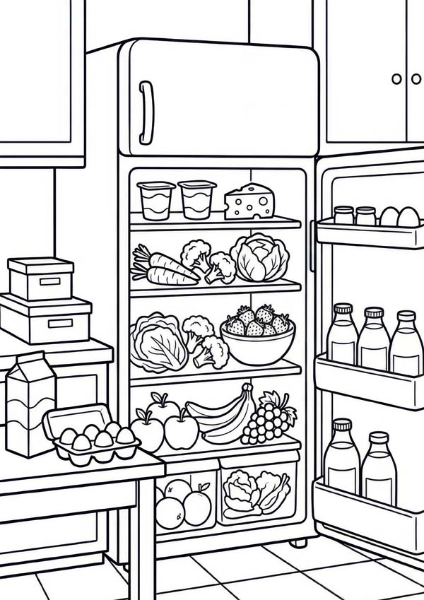 Kostenloses Ausmalbild mit offenem Kühlschrank voller Obst, Gemüse, Käse, Joghurt, Eiern, Milchflaschen und Vorräten in der Küche