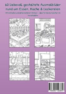 Rückseite von Mein Malbuch Essen, Küche & Leckereien mit vier Beispielbildern von Gartentisch, Bäckerei, Schokoladenbrunnen und Kühlschrank