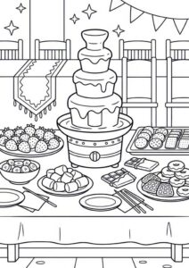 Kostenloses Ausmalbild mit Schokobrunnen, Erdbeeren, Keksen, Waffeln, Donuts, Marshmallows und Süßigkeiten auf einem Buffet