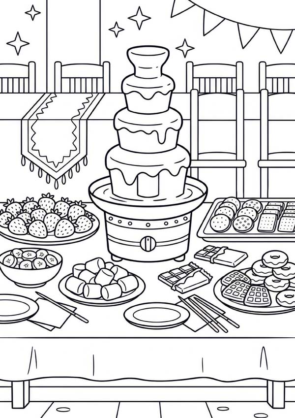 Kostenloses Ausmalbild mit Schokobrunnen, Erdbeeren, Keksen, Waffeln, Donuts, Marshmallows und Süßigkeiten auf einem Buffet