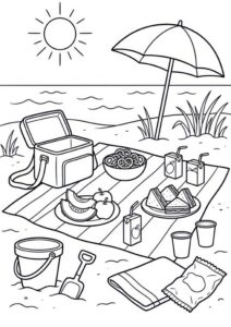 Kostenloses Ausmalbild mit Picknick am Strand, Kühltasche, Obst, Sandwiches, Getränken, Snacks, Sonnenschirm und Meer im Hintergrund