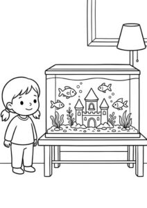Kostenloses Ausmalbild mit Kind vor einem Aquarium, kleinen Fischen, Wasserpflanzen, Unterwasserburg, Tisch und Lampe im Hintergrund