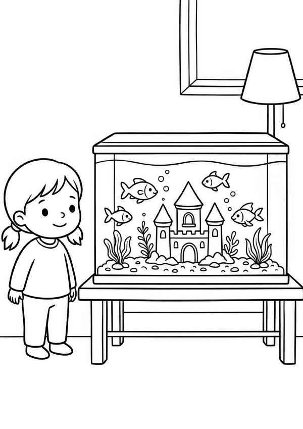 Kostenloses Ausmalbild mit Kind vor einem Aquarium, kleinen Fischen, Wasserpflanzen, Unterwasserburg, Tisch und Lampe im Hintergrund