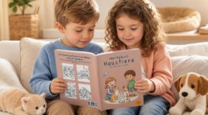 Zwei Kinder schauen gemeinsam in „Mein Malbuch Haustiere“ mit Cover, Rückseite und Kuscheltieren im Hintergrund