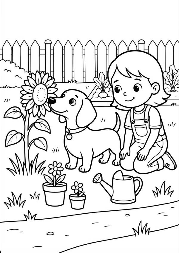 Kostenloses Ausmalbild mit Kind und Hund im Garten, Sonnenblume, Gießkanne, Blumentöpfen, Gemüsebeet und Zaun im Hintergrund