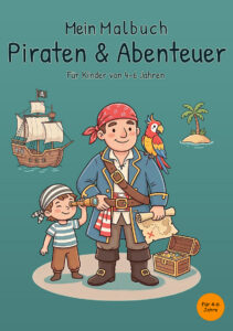 mein-malbuch-piraten-abenteuer-cover-vorderseite Cover von „Mein Malbuch Piraten & Abenteuer“ für Kinder von 4–6 Jahren mit Pirat, Kind, Papagei und Schatztruhe
