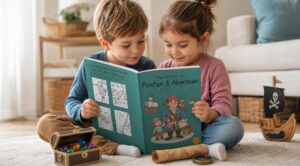 Zwei Kinder schauen gemeinsam in das Malbuch „Piraten & Abenteuer“ mit Schatztruhe, Schatzkarte und Piratenschiff