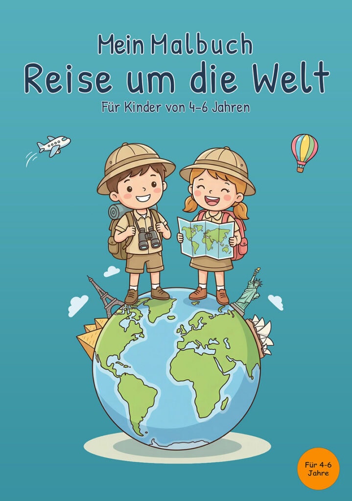 Cover des Buches Mein Malbuch Reise um die Welt für Kinder von 4 bis 6 Jahren mit zwei Kindern auf einem Globus, Landkarte, Flugzeug und Heißluftballon