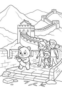 Kostenloses Ausmalbild mit Familie auf der Großen Mauer, Panda, Bambus, Bergen und Türmen im Hintergrund