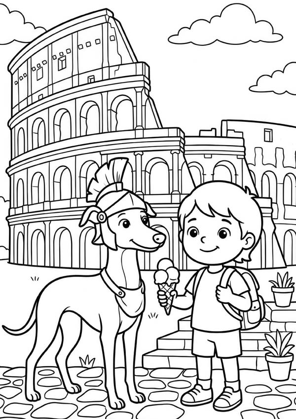 Kostenloses Ausmalbild mit Kind, Hund mit römischem Helm, Eis, Rucksack und Kolosseum im Hintergrund