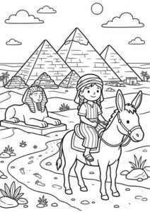 Kostenloses Ausmalbild mit Kind auf einem Esel, Pyramiden, Sphinx, Wüste und Palmen im Hintergrund