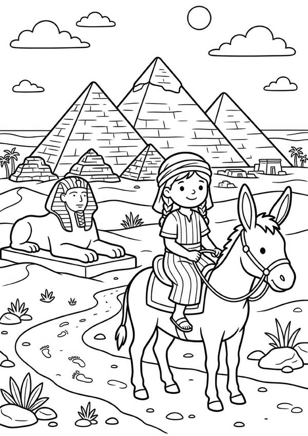Kostenloses Ausmalbild mit Kind auf einem Esel, Pyramiden, Sphinx, Wüste und Palmen im Hintergrund