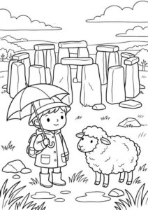 Kostenloses Ausmalbild mit Kind unter einem Regenschirm, Schaf, Pfützen, Wiese und Stonehenge im Hintergrund