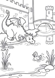 mein-malbuch-ritter-burgen-drachen-burggraben Kostenloses Ausmalbild mit freundlichem Drachen am Burggraben, Ente, Schilf und Burgbrücke im Hintergrund