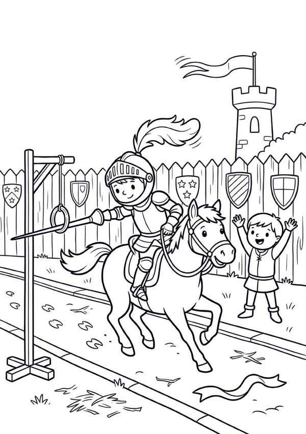Kostenloses Ausmalbild mit Ritter auf einem Pferd beim Turniertraining, Lanze, jubelndem Kind und Burg im Hintergrund