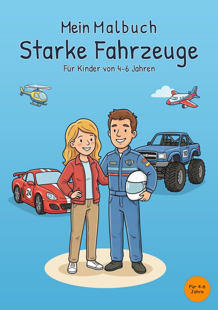 Cover des Buches Mein Malbuch Starke Fahrzeuge für Kinder von 4 bis 6 Jahren mit Rennfahrerin, Fahrer, Sportwagen, Monstertruck, Helikopter und Flugzeug