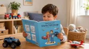Junge schaut in das Buch Mein Malbuch Starke Fahrzeuge an einem Tisch mit Spielzeug-Monstertruck und Flugzeug
