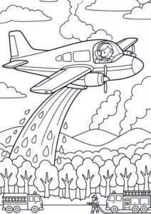 Kostenloses Ausmalbild mit Löschflugzeug beim Wasserabwurf über einem Wald, Feuerwehrfahrzeugen und Feuerwehrleuten am Boden