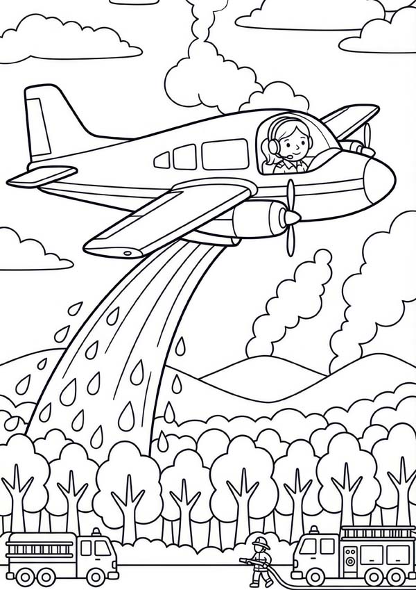 Kostenloses Ausmalbild mit Löschflugzeug beim Wasserabwurf über einem Wald, Feuerwehrfahrzeugen und Feuerwehrleuten am Boden